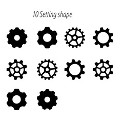 Illustration showing ten different gear shapes in black color arranged in a grid pattern on white background