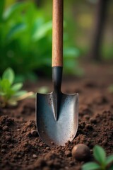 A sturdy metal land shovel with a wooden handle, ready for digging Perfect for gardening, landscaping, or construction projects Shows detail of the blade and the strong handle , farming, landscaping