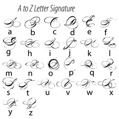 A to z letter signature displaying a complete alphabet with unique calligraphic letter designs style
