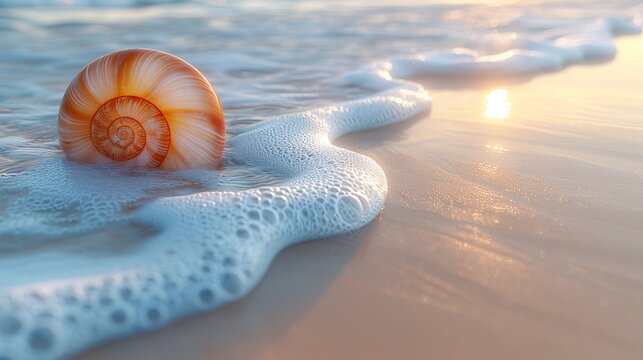 seashell on the beach close up view with water waves  