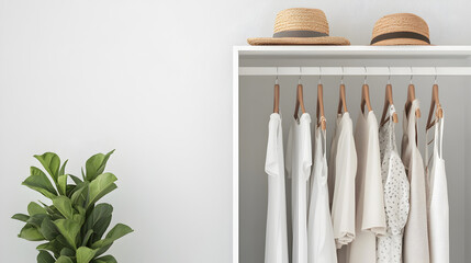 Minimalist Closet: A serene and inviting closet space, featuring an array of neutral-toned clothing on wooden hangers, topped by stylish hats and an indoor plant.
