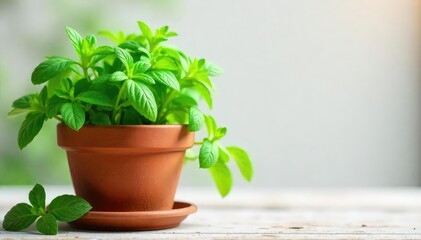 Fototapeta premium A vibrant, thriving herb garden in a rustic terracotta pot, a thoughtful and sustainable living gift idea Perfect for any occasion, symbolizing growth and renewal , environment, spring, healthy