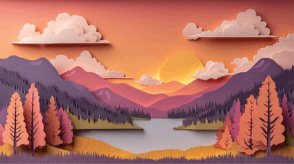 Lake scene with mountains trees and a sunset in a pixelated layeredpaper style
