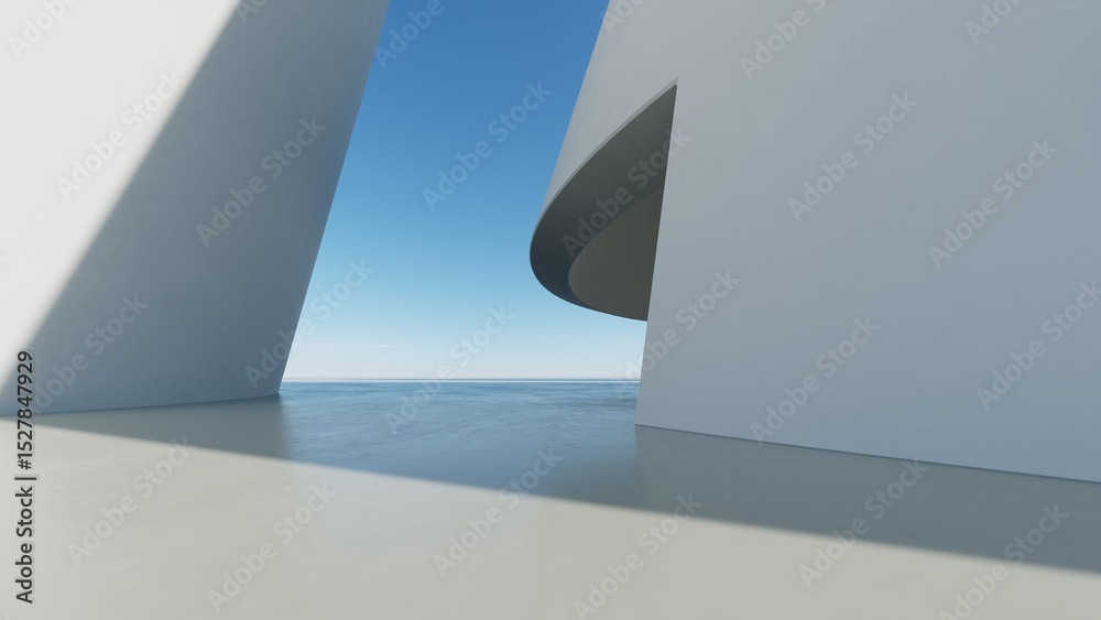 Poster Abstract white curved architecture background, Empty wavy space with reflected concrete floor, Futuristic modern interior backdrop, 3d rendering of twisted building