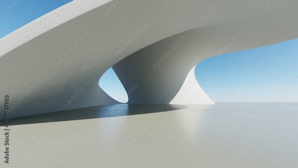 Poster Abstract white curved architecture background, Empty wavy space with reflected concrete floor, Futuristic modern interior backdrop, 3d rendering of twisted building