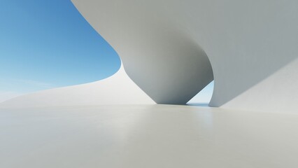Abstract white curved architecture background, Empty wavy space with reflected concrete floor, Futuristic modern interior backdrop, 3d rendering of twisted building