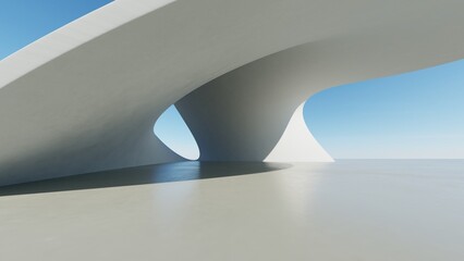 Abstract white curved architecture background, Empty wavy space with reflected concrete floor, Futuristic modern interior backdrop, 3d rendering of twisted building