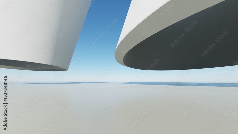 Poster Abstract white curved architecture background, Empty wavy space with reflected concrete floor, Futuristic modern interior backdrop, 3d rendering of twisted building