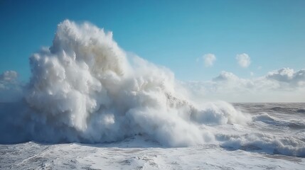 Obraz premium A massive ocean wave crashes, creating a towering white cloud of spray under a bright blue sky
