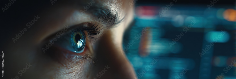Poster blurred computer screen displays eye strain warning in dark room with focused gaze of a person exami