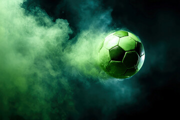 Fototapeta premium Green soccer ball in motion with burst of green smoke, dynamic lighting, dark background - AI-Generated