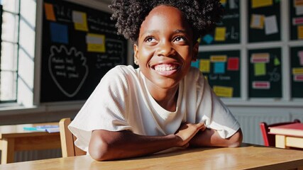Elementary school african american girl sitting at desk, daydreaming with bright smile during classroom lesson, embodying childhood wonder and potential - Powered by Adobe