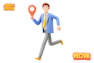 Vector realistic isolated businessman holding a map pin on white background. Concept of logistics, navigation and delivery.