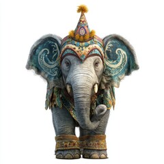 Majestic elephant wearing colorful attire and decorative hat in a whimsical and vibrant presentation