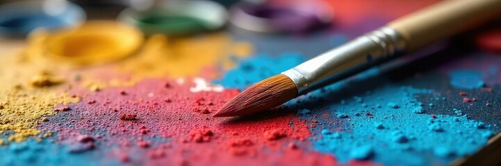Fototapeta premium Close-up of a paintbrush resting on a vibrant, colorful palette, surrounded by tubes of oil paint and a canvas , creative, hue