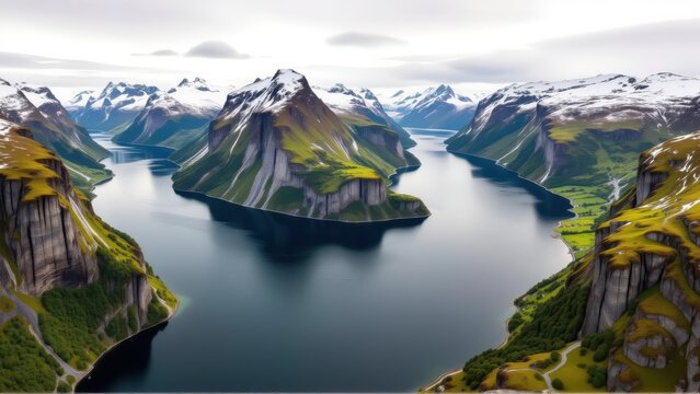 aerial view of a river and snowy mountain range