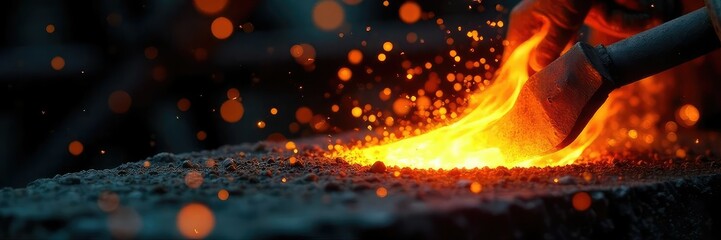 Close-up of glowing hot metal being forged, sparks flying, intense heat radiating The fiery orange and yellow colors contrast sharply with the dark background , equipment, sun, workshop