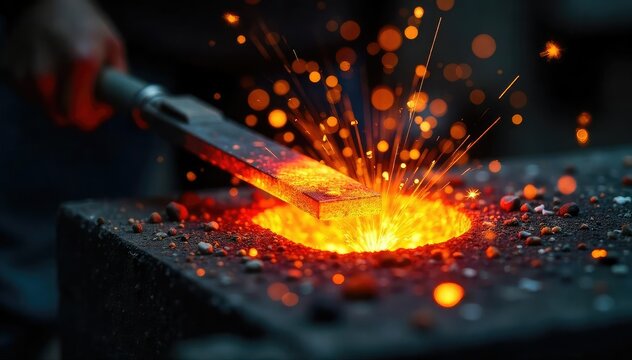 Close-up shot of a glowing, red-hot metal being forged, sparks flying, demonstrating the intense heat of the material The texture and color are vividly displayed , orange, detail - Powered by Adobe