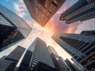 "Urban Ascent: Skyscrapers Reaching Into the Sunset Sky"