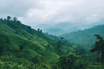 Fototapeta premium Serene Green Hills: A Misty Mountain Landscape
