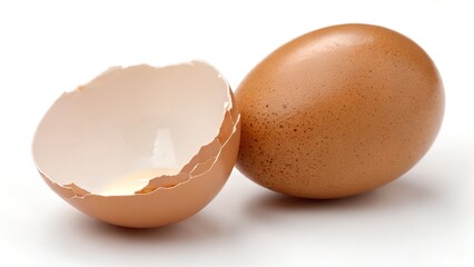 A single brown chicken egg rests beside its cracked eggshell on a pristine white background showcasing a rustic yet elegant food texture and composition ideal for culinary or agricultural themes.