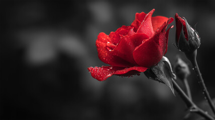 赤い花びらが浮かぶ白黒世界