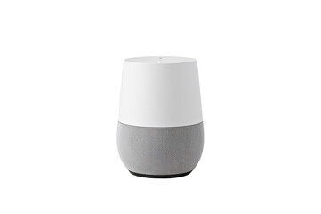 A centered image of a white and gray google home device against a black background in a studio shot on transparent background