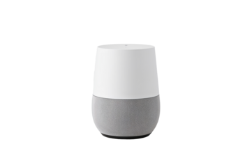 A centered image of a white and gray google home device against a black background in a studio shot on transparent background