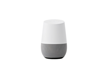 A google home smart speaker with a white top and gray bottom on a black background in a studio shot on transparent background