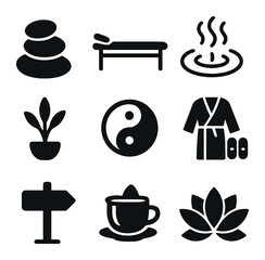 Wellness Spa Icons. Solid, filled icons set of wellness resorts and spas: spa stone, massage table, hot spring