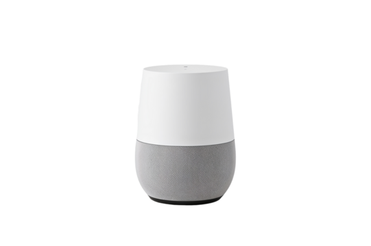 A centered image of a white and gray google home device against a black background in a studio shot on transparent background