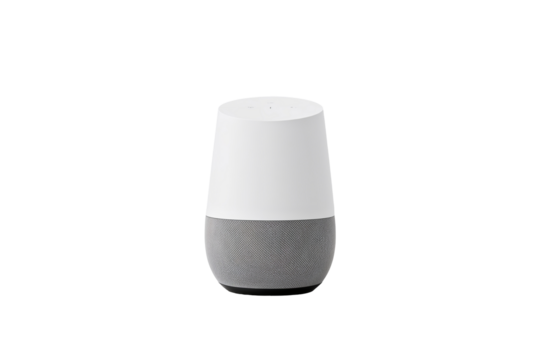 A google home smart speaker with a white top and gray bottom on a black background in a studio shot on transparent background - Powered by Adobe