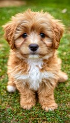Charming Golden Cavoodle Puppy with Bright Curious Eyes Relaxing Gracefully on a Lush Green Lawn