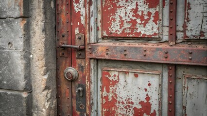 Weathered Red and Gray Industrial Door with Rusty Metal Details and Peeling Paint Texture showcasing aged metal, urban decay, and industrial architecture elements.