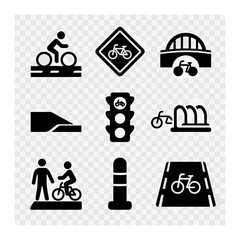 Urban Cycling Icons. Solid, filled icons set of urban cycling infrastructure: bike lane, traffic sign, cycle