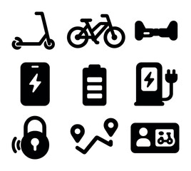 Micromobility Icon Set. Solid, filled icons set of micromobility options: e-scooter, e-bike, hoverboard, app
