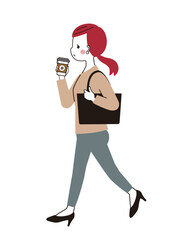 コーヒーを飲みながら通勤する女性