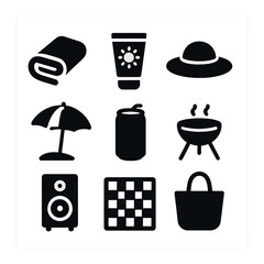 Beach Essentials Icons. Solid, filled icons set of beach gathering checklist: beach towel, sunscreen tube, hat