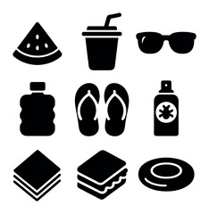 Summer Picnic Icons. Solid, filled icons set of summer picnic essentials: watermelon slice, juice cup,