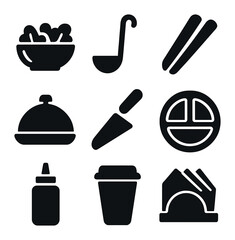 Obraz premium Food Icon Set. Solid, filled icons set of food sharing and serving: salad bowl, ladle, tongs icon, serving