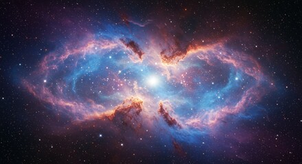 Obraz premium A pink-purple-gold nebula sparkles in the darkness of space
