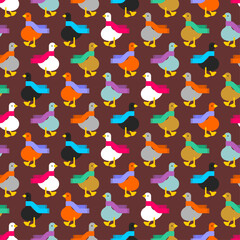Goose in scarf pattern seamless. White goose in red scarf background. Ornament of kids fabric