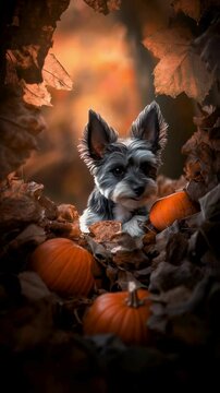 Adorable Yorkshire Terrier Puppy Amidst Autumn Leaves and Pumpkins