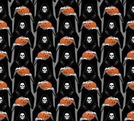 Grim Reaper Holding Cat pattern seamless. Death with a cat in his arms background
