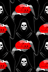 Grim Reaper Holding Cat pattern seamless. Death with a cat in his arms background