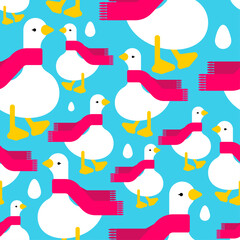 Goose in scarf pattern seamless. White goose in red scarf background. Ornament of kids fabric