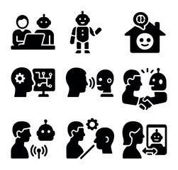 Human-Machine Icons. Solid, filled icons set of human-machine cohabitation: shared workspace, robotic