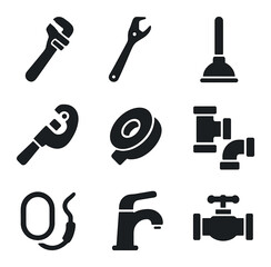 Obraz premium Plumbing Tools Icons. Solid, filled icons set of plumbing tools: pipe wrench, basin wrench, plunger, tubing