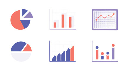 A collection of six different types of charts and graphs displayed on a white background surface