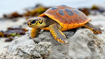 Close-up of a colorful turtle resting on a rocky surface in a natural environment